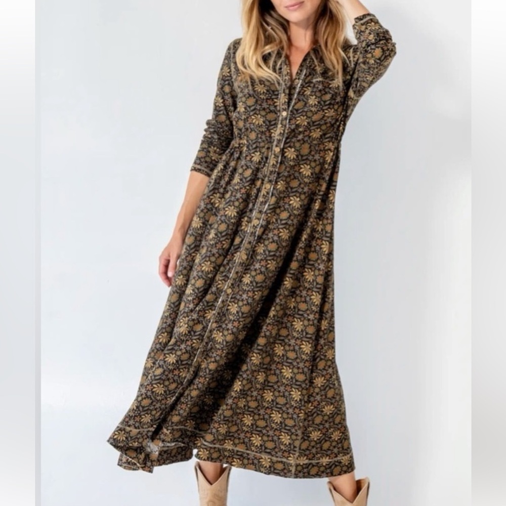 Natural Life Christa Maxi Dress Womens Size S Black Tan Floral Button